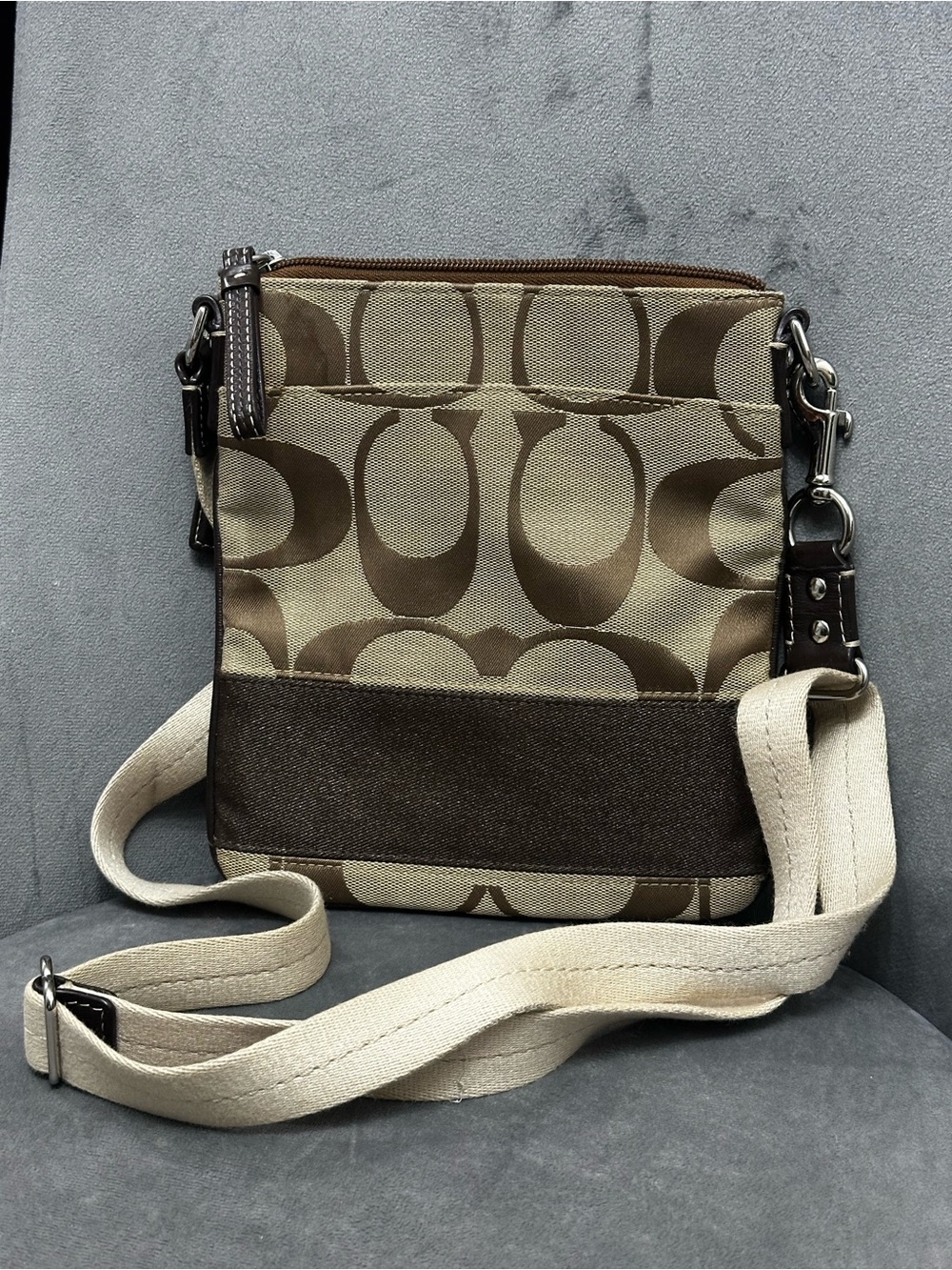 Coach Signature Jacquard Canvas File Crossbody Bag / Brown & Beige